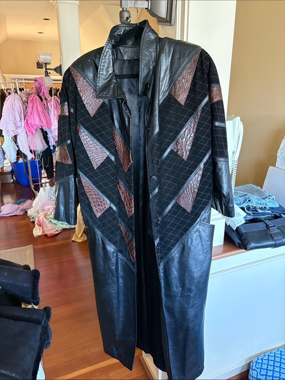 Women's Black Leather Long Coat with Brown Accent Panels
